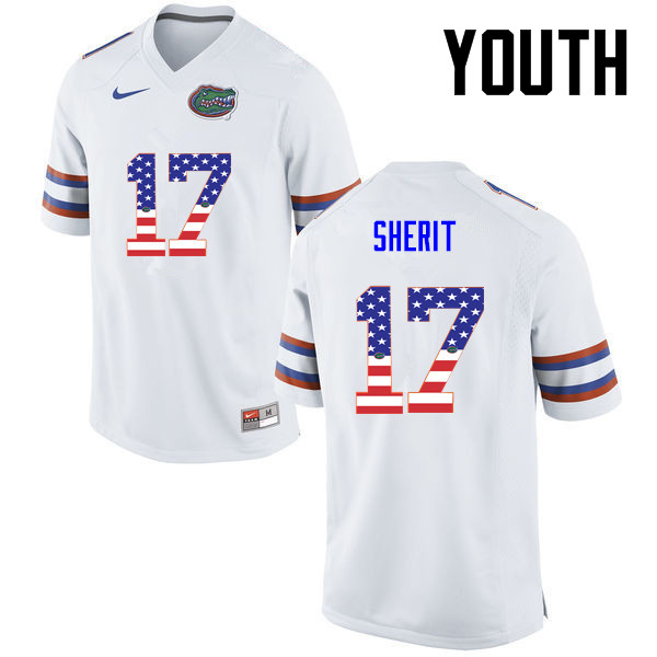 Youth Florida Gators #17 Jordan Sherit College Football USA Flag Fashion Jerseys-White